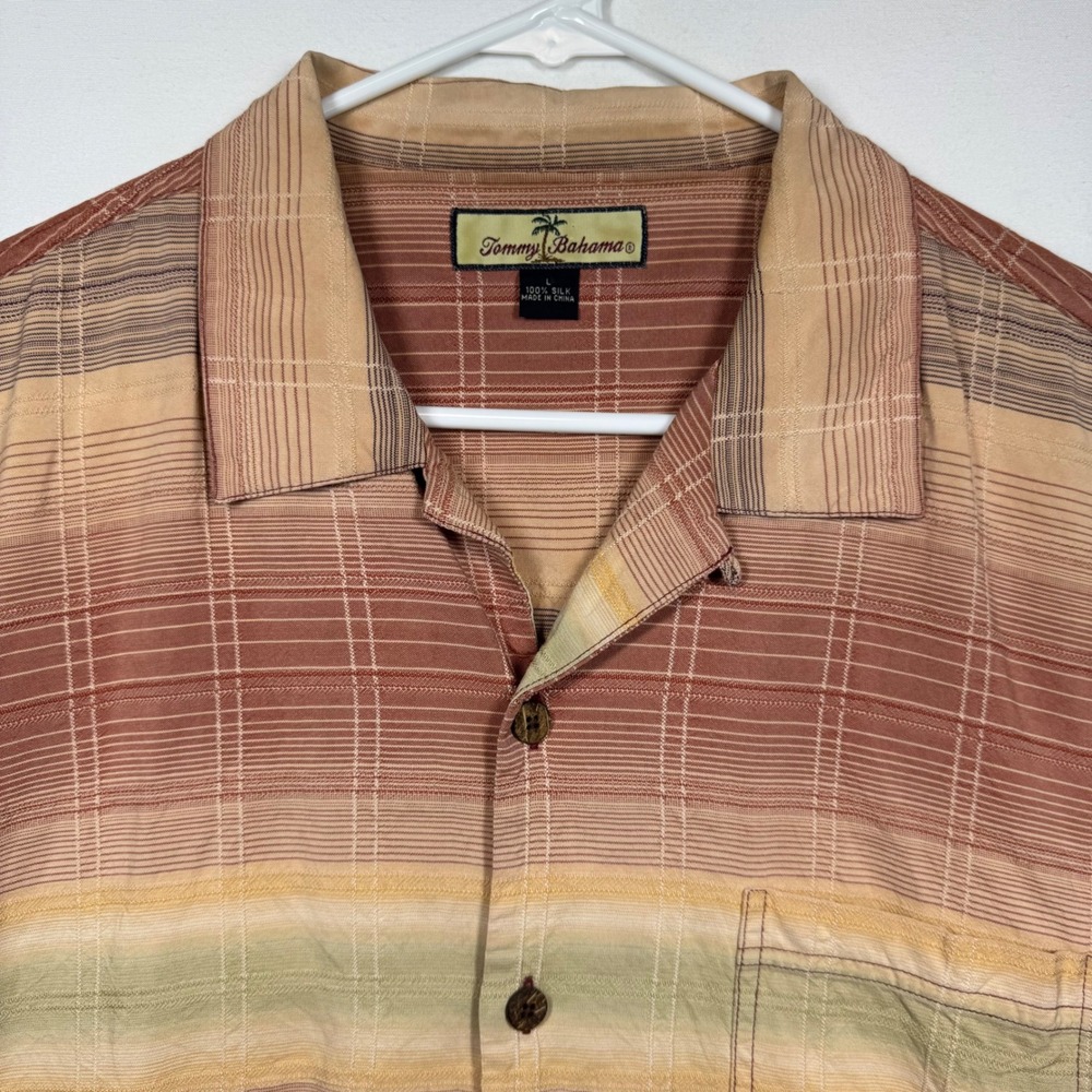 Tommy Bahama‎ Men's Silk Camp Shirt Plaid Striped Button Up Casual Top Sz Large